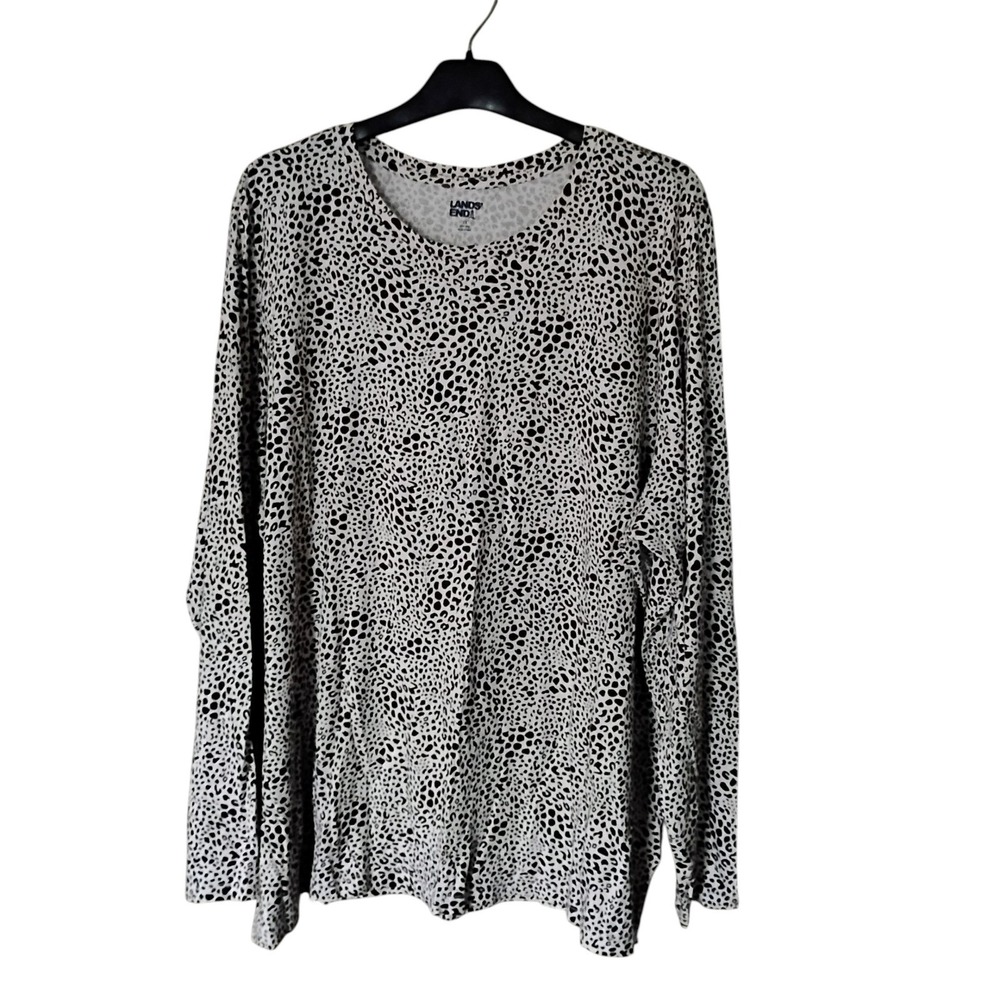 Lands End Womens 2X Animal Print Long Sleeve Crew Neck Top Black White 20W-22W